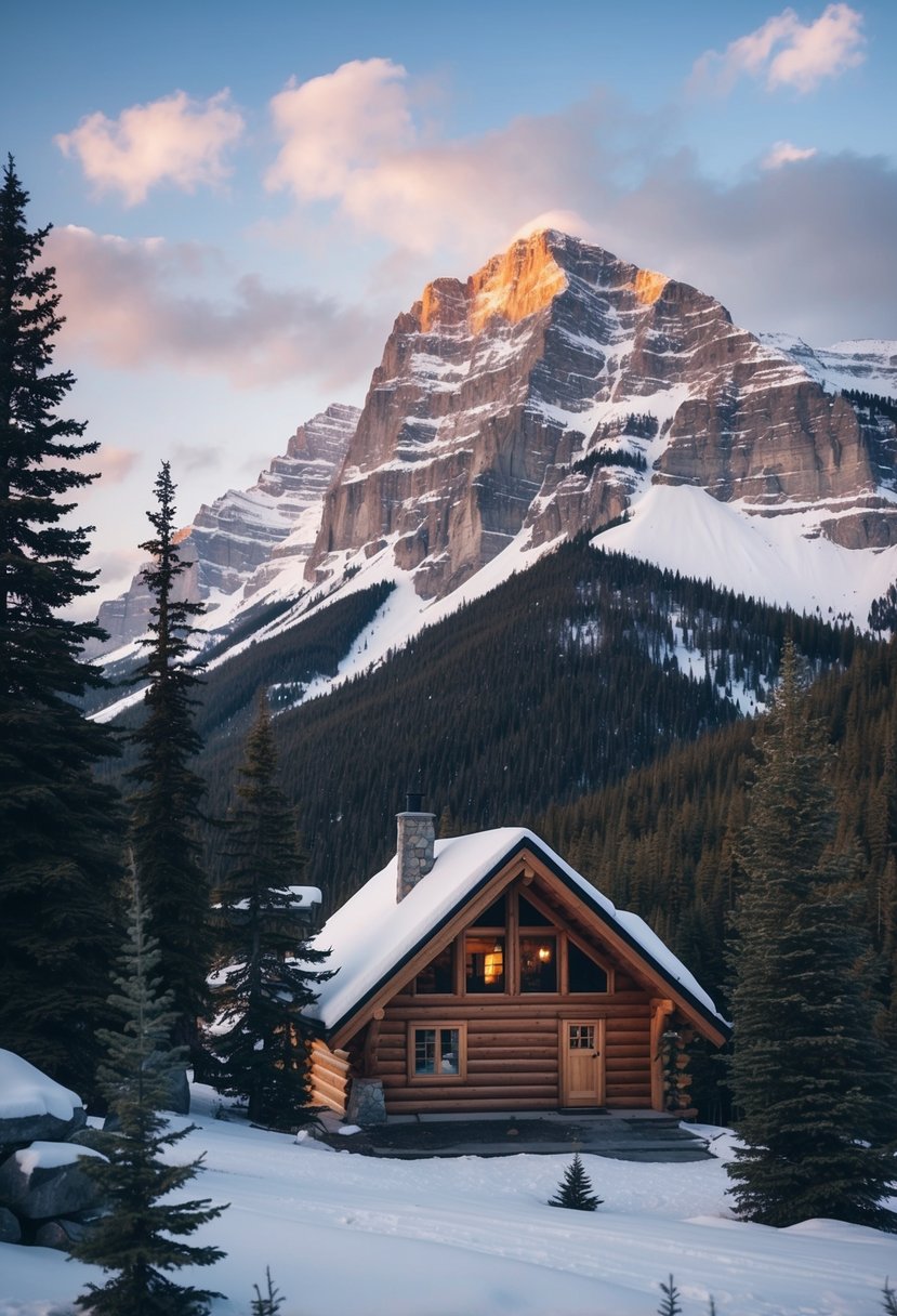 A cozy mountain cabin nestled in the snow-covered peaks of Banff, Canada, surrounded by towering trees and a serene, picturesque landscape