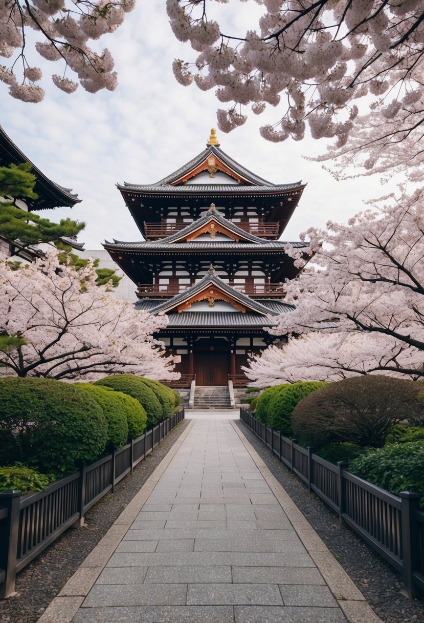Lush cherry blossoms surround traditional Japanese architecture in Kyoto, Japan, creating a romantic May honeymoon destination