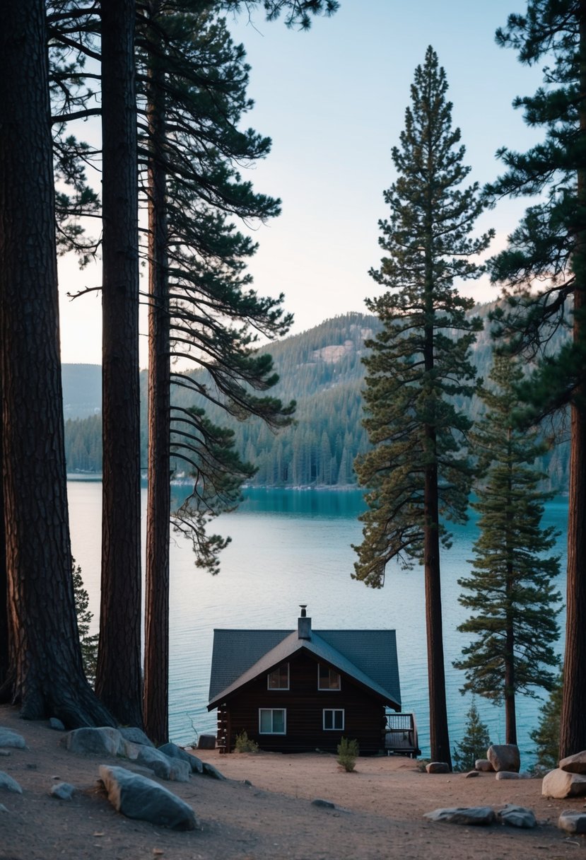 A cozy mountain cabin nestled among tall pine trees overlooking the tranquil waters of Lake Tahoe, California
