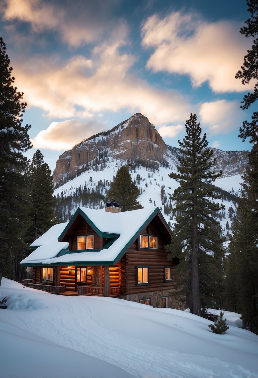 A cozy mountain cabin nestled in the snow-covered peaks of Jackson Hole, Wyoming, surrounded by pine trees and offering a romantic honeymoon getaway