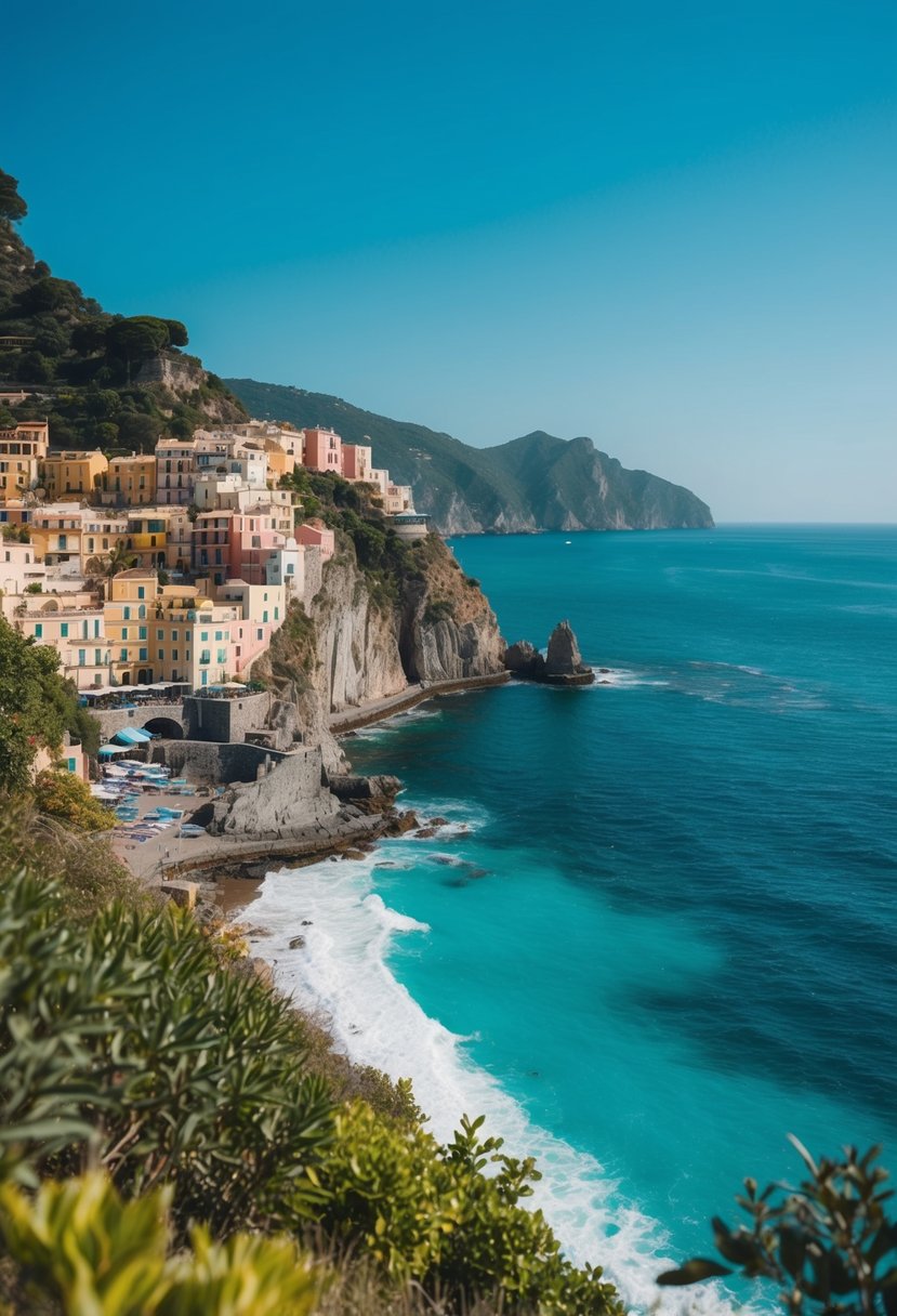 A coastal cliff overlooking turquoise waters, with colorful buildings cascading down the hillside, framed by lush greenery and a clear blue sky
