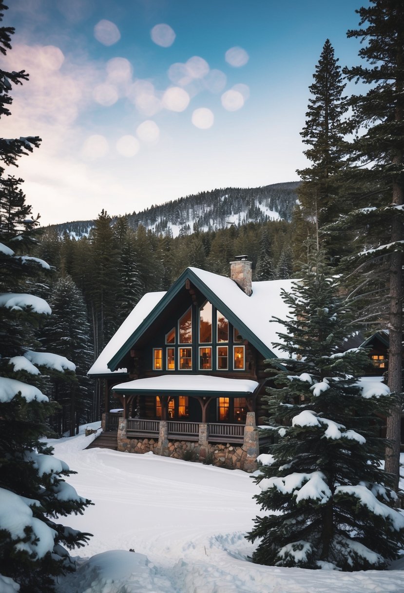 A cozy mountain cabin nestled in the snowy hills of Stowe, Vermont, surrounded by tall pine trees and a peaceful, serene atmosphere