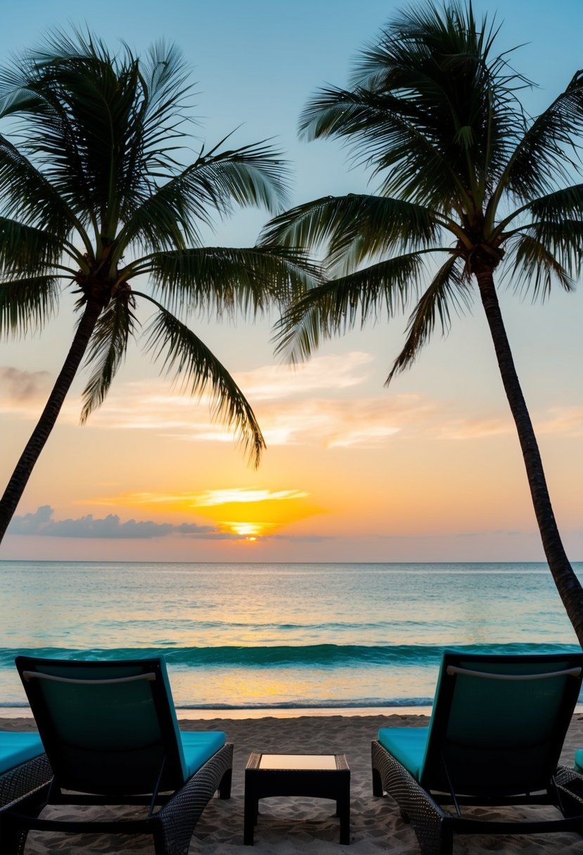 A serene beach at sunset with palm trees, turquoise water, and a couple of lounge chairs, perfect for a romantic Maui honeymoon in May