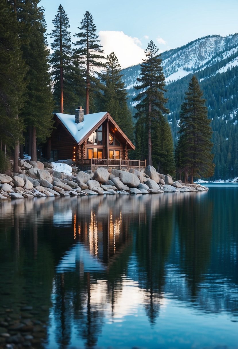 A cozy mountain cabin nestled by the tranquil waters of Big Bear Lake, surrounded by towering pine trees and snow-capped mountains