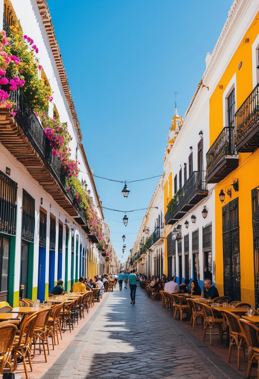 A vibrant street in Seville, Spain, lined with colorful buildings, blooming flowers, and bustling outdoor cafes, under a clear blue sky in May
