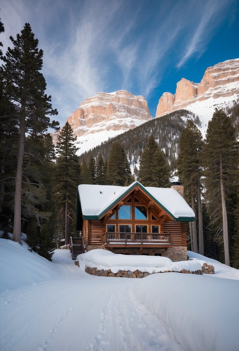 A cozy mountain cabin nestled in the snow-covered peaks of Telluride, Colorado, surrounded by towering pine trees and offering a romantic honeymoon getaway