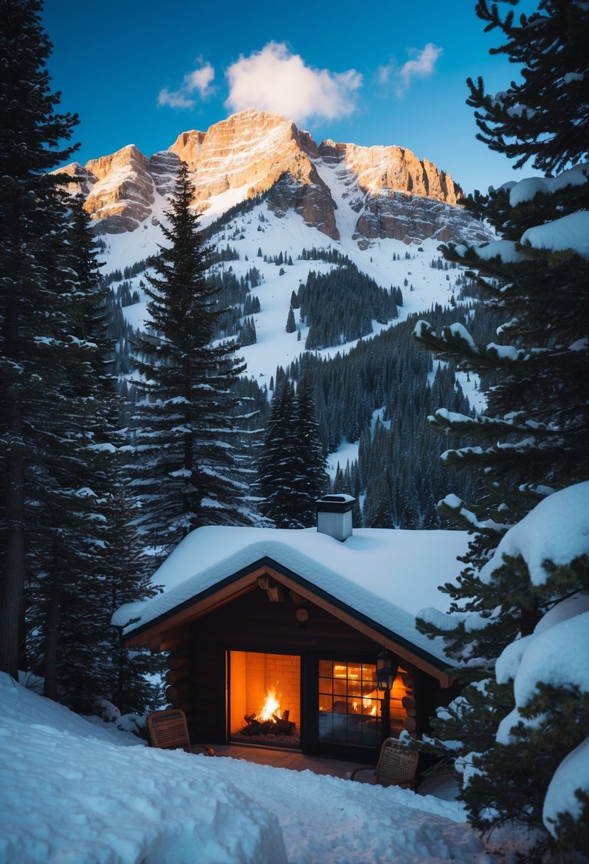 A cozy mountain cabin nestled among snow-covered trees in Vail, Colorado, with a warm fire burning inside and a view of the majestic mountains