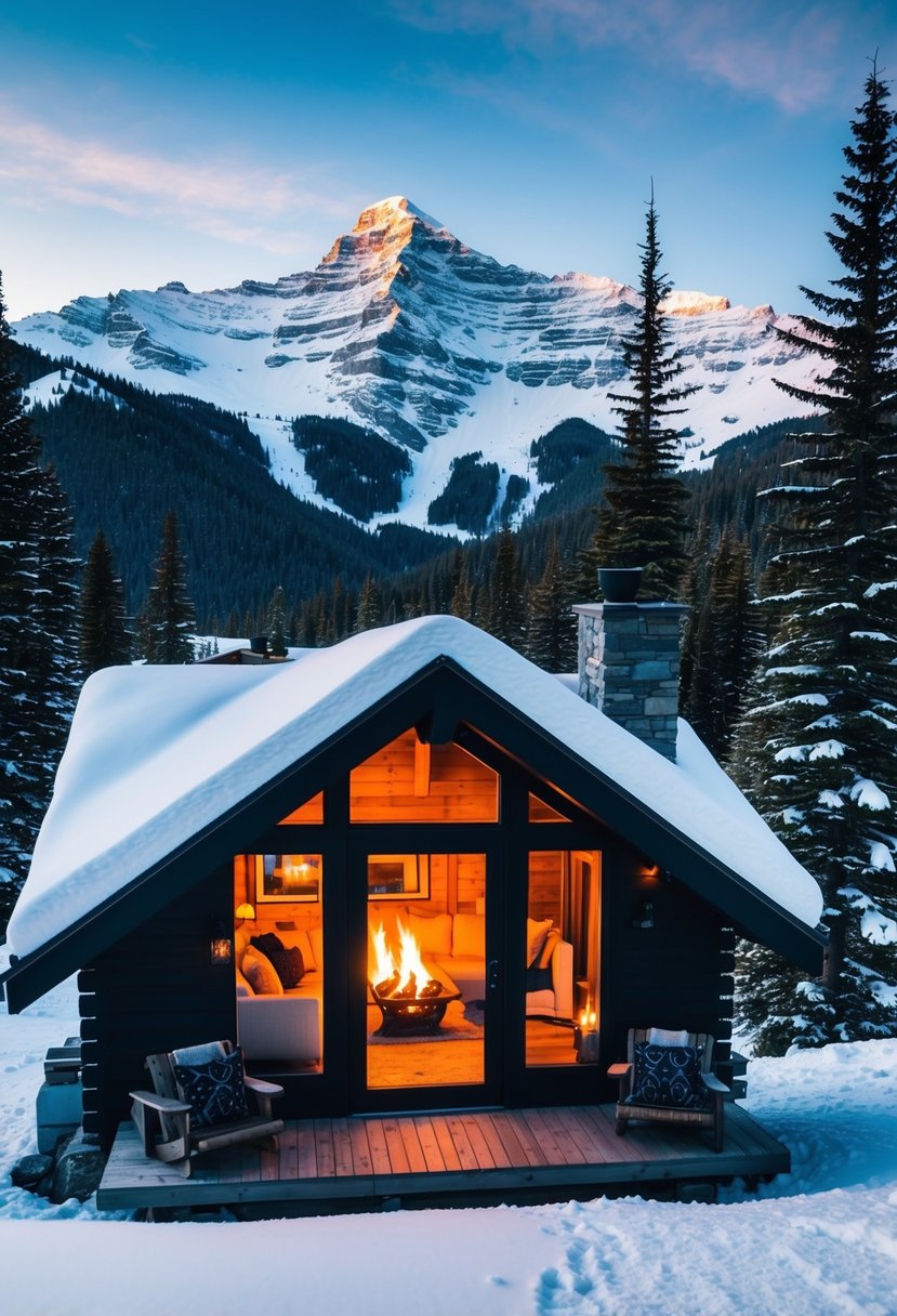 A cozy mountain cabin nestled in the snow-covered forests of Whistler, Canada, with a warm fire burning inside and a breathtaking view of the snow-capped peaks