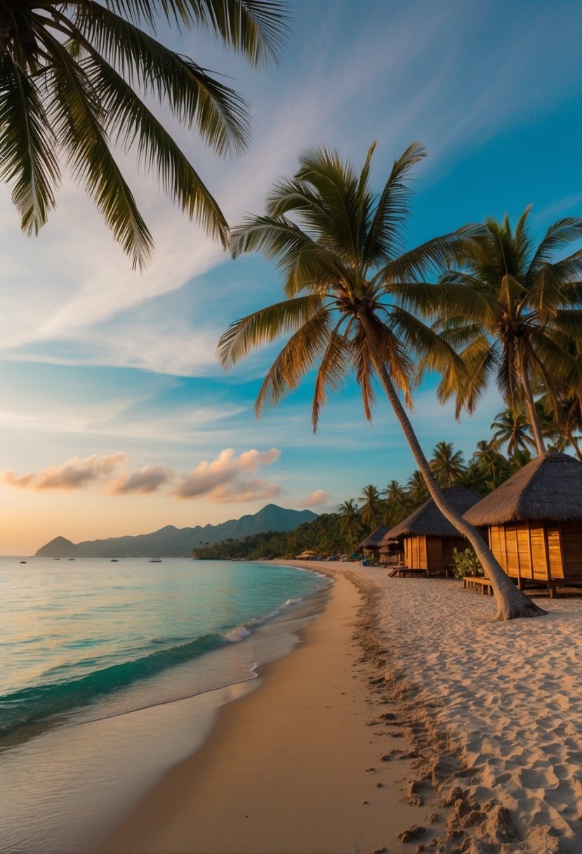 A serene beach at sunset with palm trees, clear blue water, and a couple of traditional Balinese huts nestled along the shore