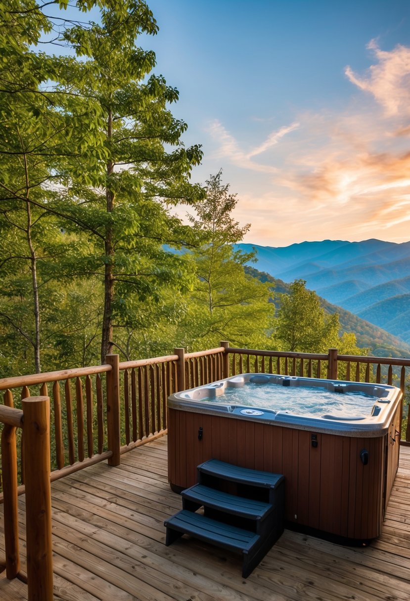 A cozy mountain cabin nestled among the lush greenery of Gatlinburg, Tennessee, with a bubbling hot tub on the deck and a breathtaking view of the Smoky Mountains