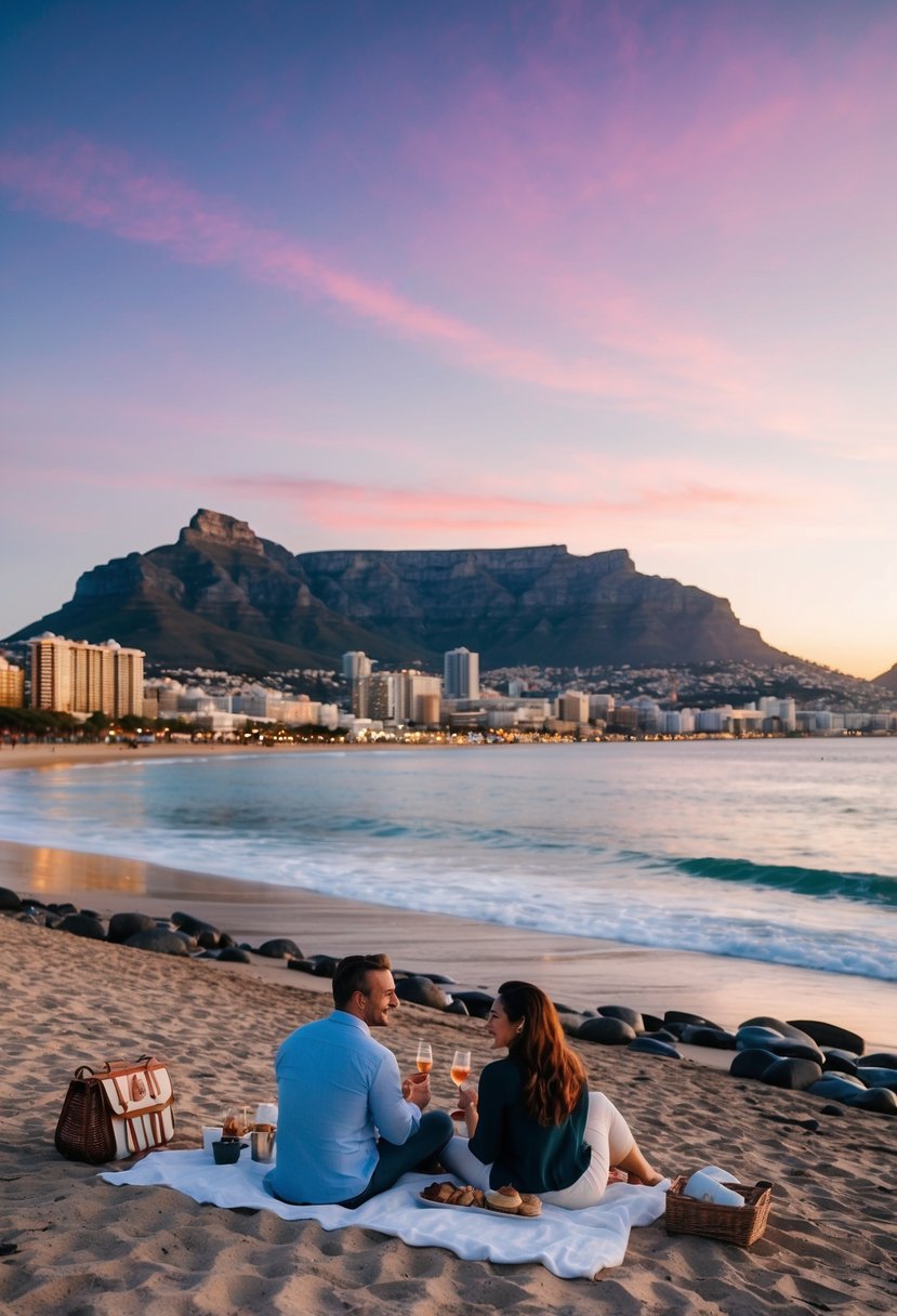 A picturesque sunset over the iconic Table Mountain, with a couple enjoying a romantic picnic on the beach in Cape Town, South Africa