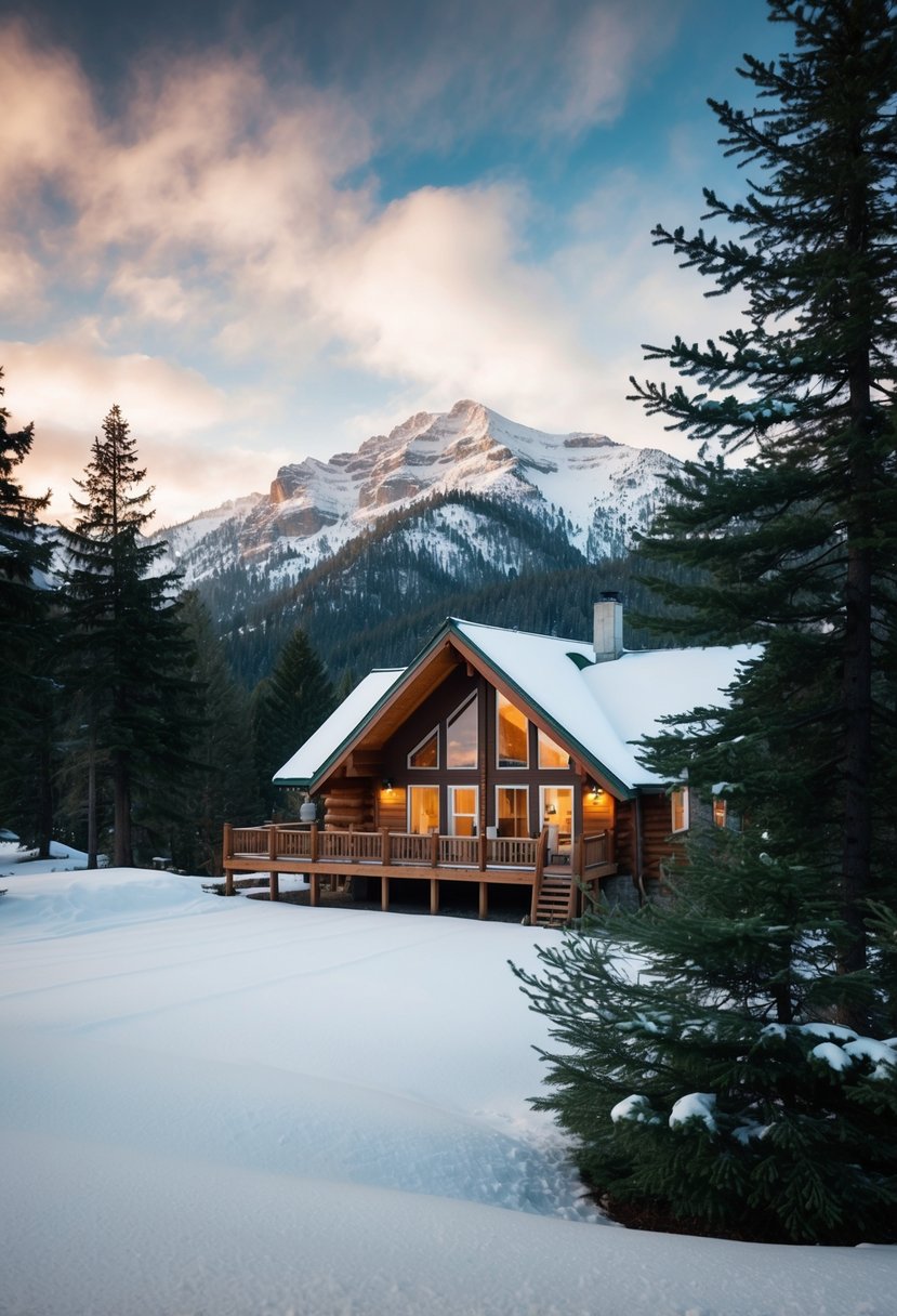 A cozy mountain cabin nestled in the snowy peaks of Leavenworth, Washington, surrounded by pine trees and a tranquil landscape