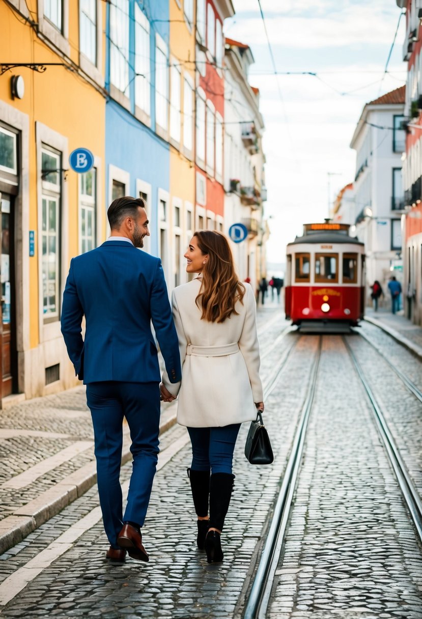 A couple strolling along the cobblestone streets of Lisbon, passing by colorful buildings and quaint cafes, with the iconic red tram in the background