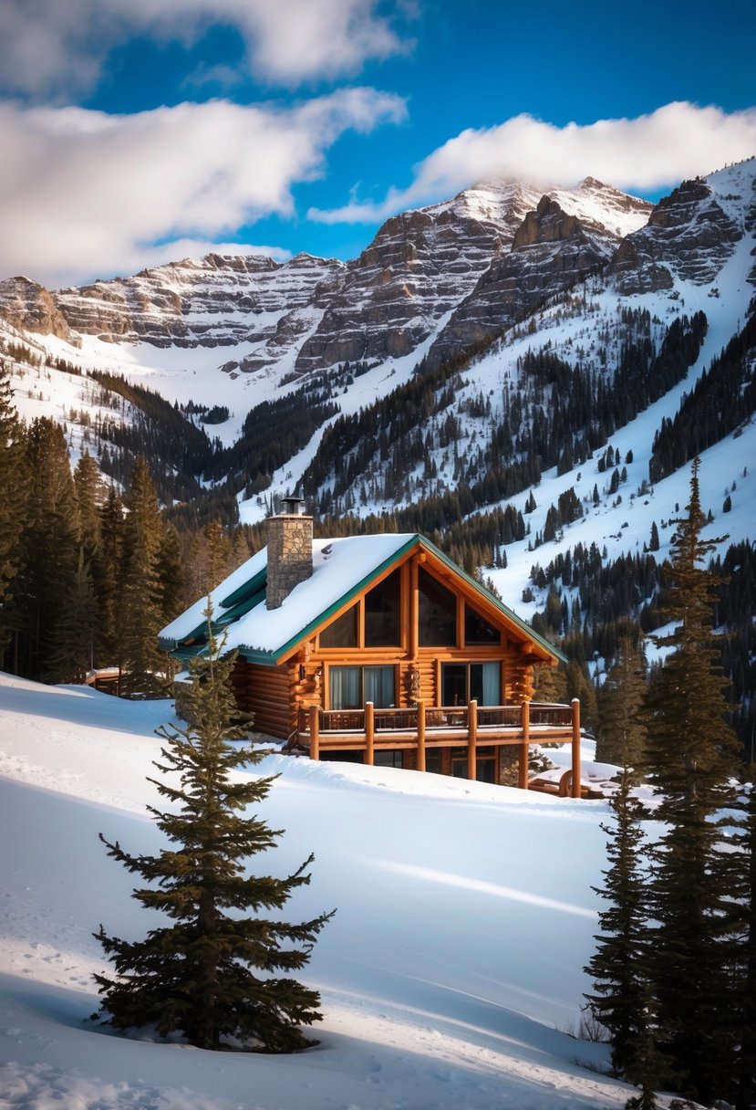 A cozy mountain cabin nestled in the snowy peaks of Sun Valley, Idaho, surrounded by pristine nature and breathtaking views