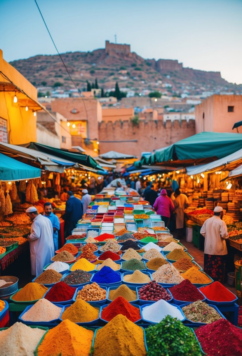 A vibrant market in Marrakech, Morocco, bustling with colorful stalls and exotic spices, set against the backdrop of the Atlas Mountains