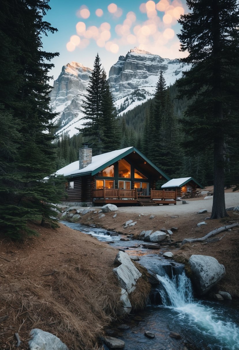 A cozy mountain cabin nestled among pine trees, with a backdrop of snow-capped peaks and a bubbling stream nearby