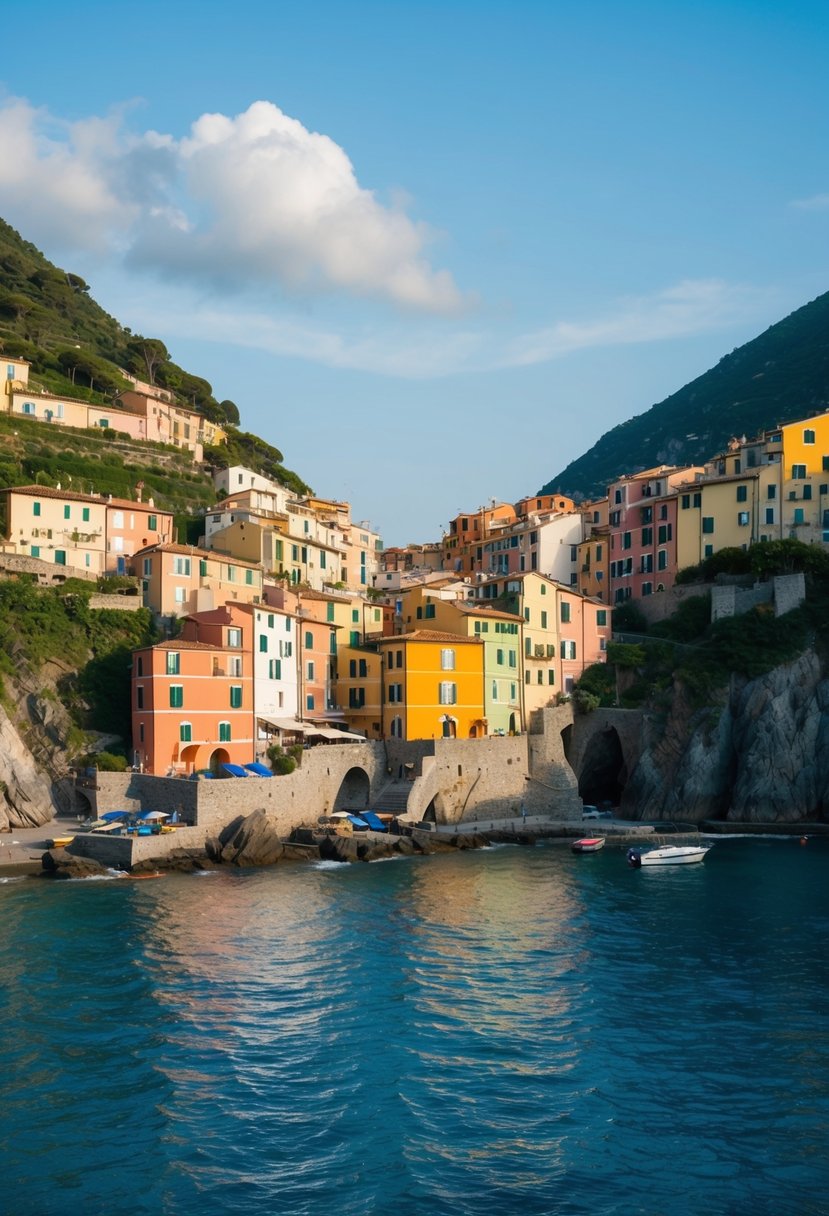 A serene coastal village in Cinque Terre, Italy, with colorful houses perched on cliffs, overlooking the crystal-clear waters of the Ligurian Sea