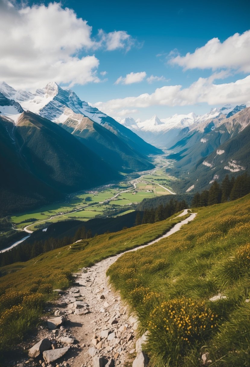 A serene mountain landscape with a winding trekking trail leading to a picturesque valley, surrounded by snow-capped peaks and lush greenery