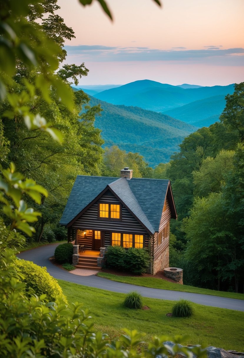 A cozy mountain cabin nestled in the Blue Ridge Mountains of Georgia, surrounded by lush greenery and a serene, picturesque landscape