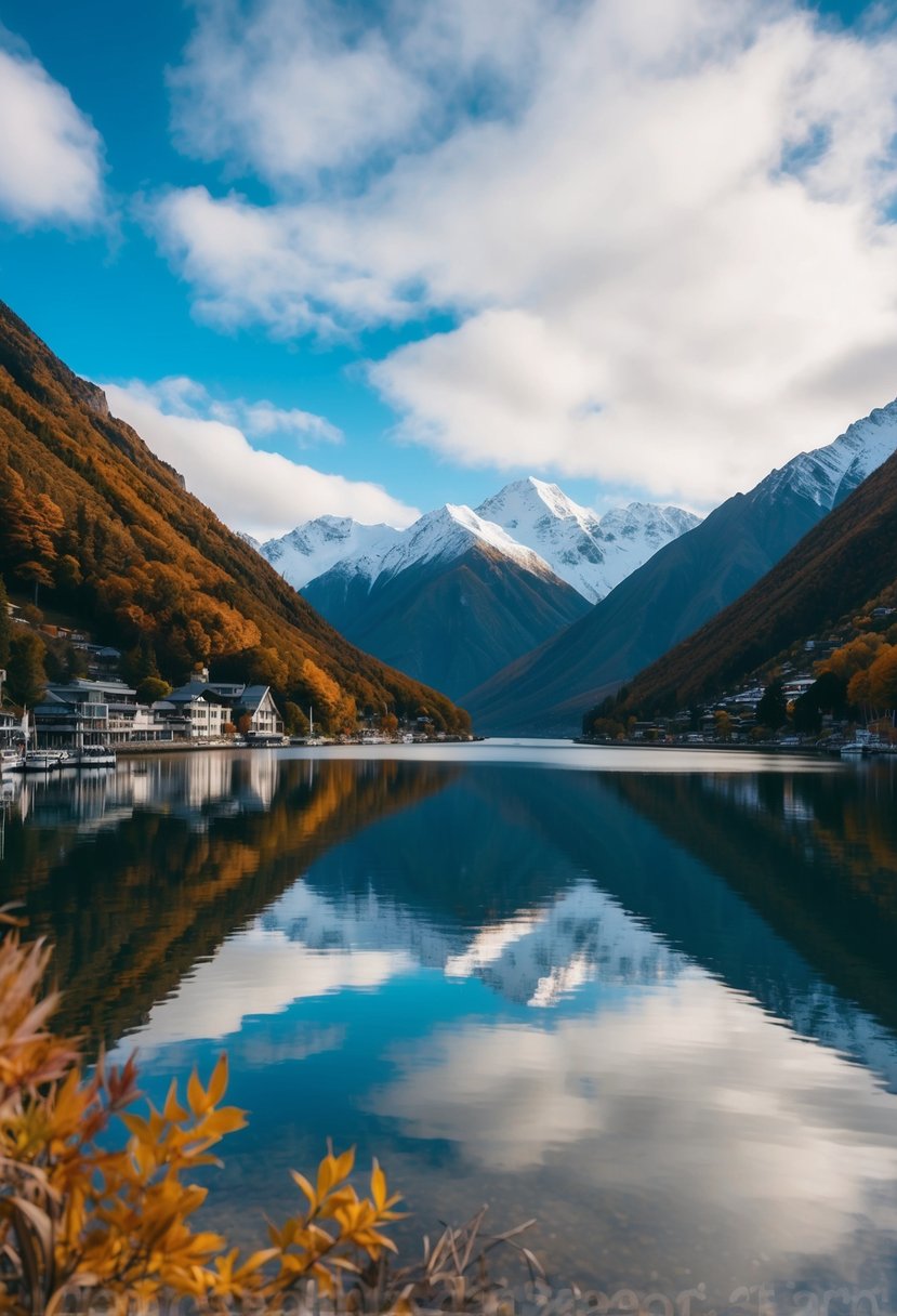 A serene lakeside view with snow-capped mountains and autumn foliage in Queenstown, New Zealand