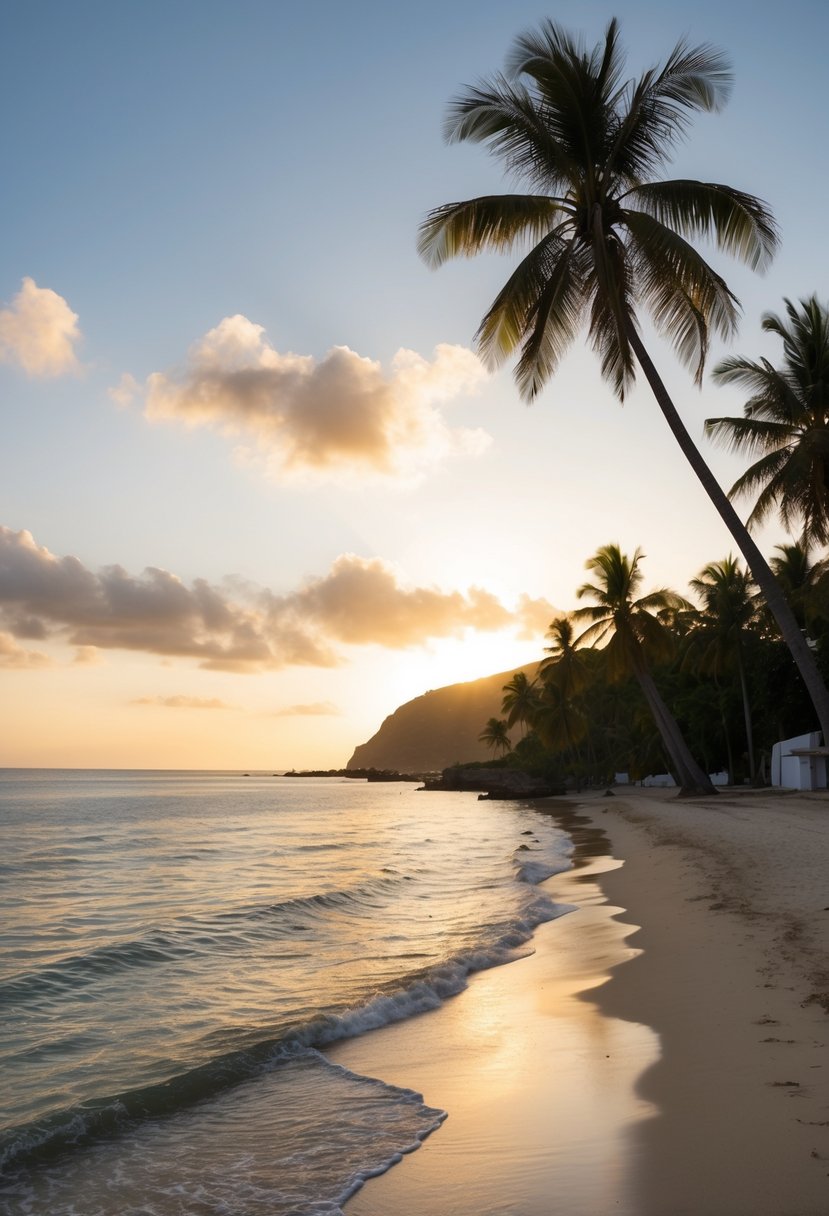 A tranquil beach at sunset in Cartagena, Colombia. Palm trees sway in the warm breeze as the sun dips below the horizon, casting a golden glow over the crystal-clear waters