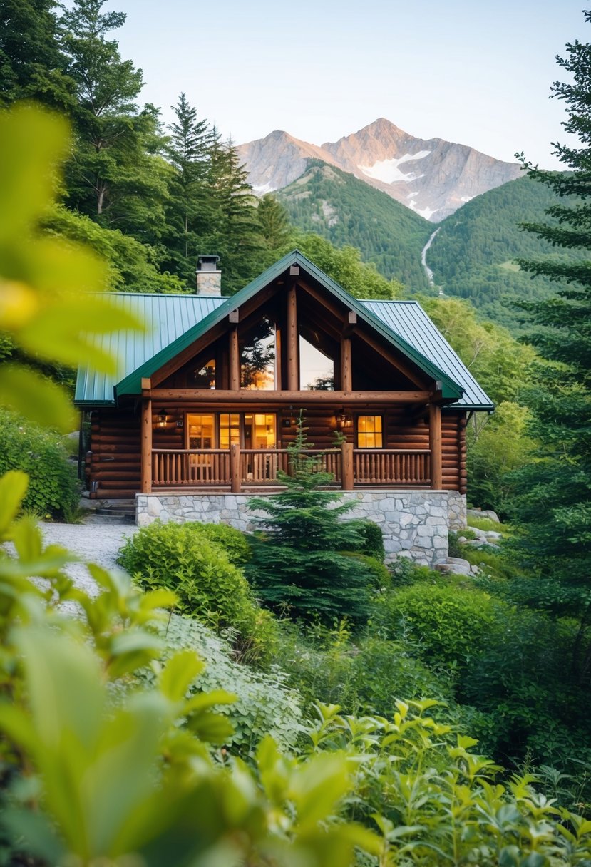 A cozy mountain cabin nestled in the White Mountains, surrounded by lush greenery and a serene atmosphere, perfect for a romantic honeymoon getaway