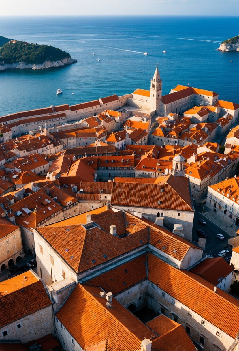 A panoramic view of Dubrovnik's old town, with terracotta rooftops, medieval walls, and the sparkling Adriatic Sea in the background