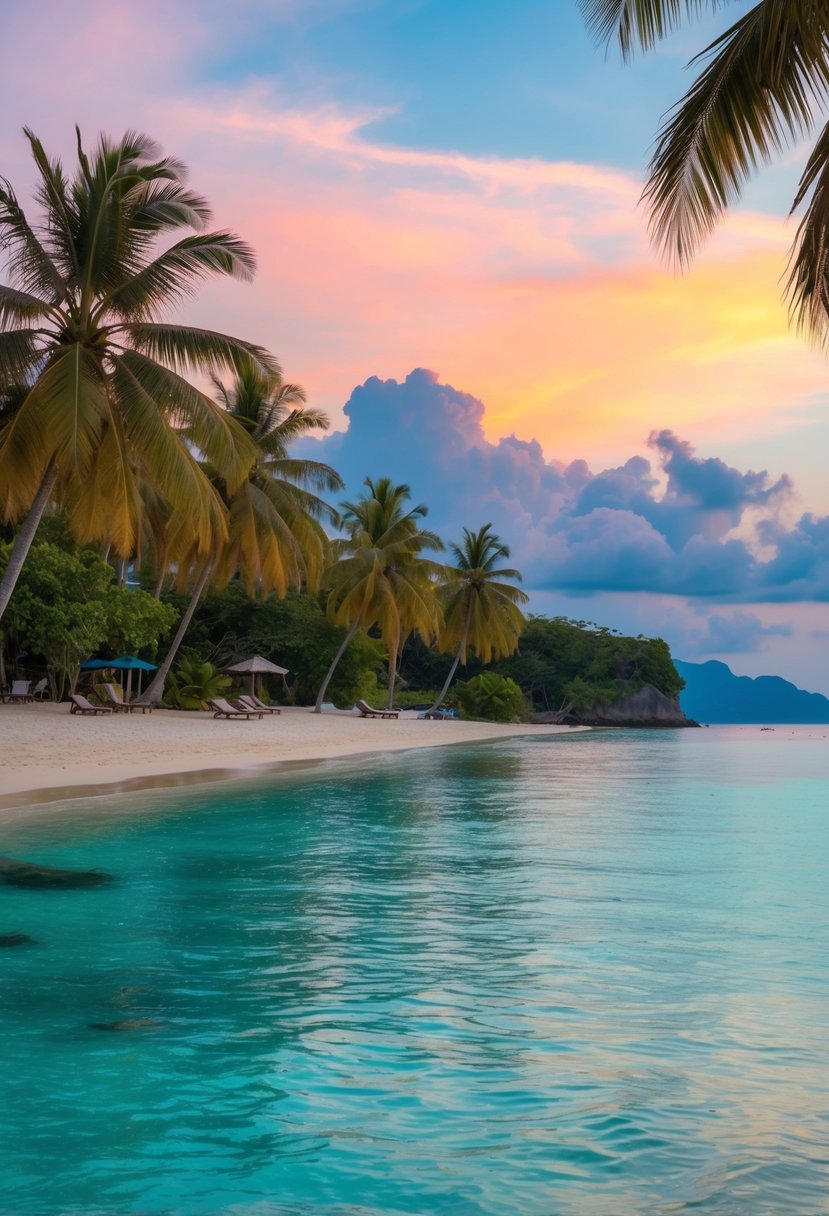 A serene beach in Phuket, Thailand, with crystal clear waters, palm trees, and a colorful sunset sky, perfect for a romantic honeymoon getaway in May
