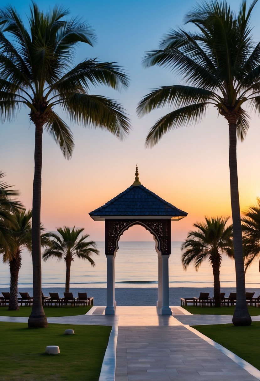 A serene beach at sunset with a backdrop of palm trees and a traditional Muslim archway leading to a luxurious resort
