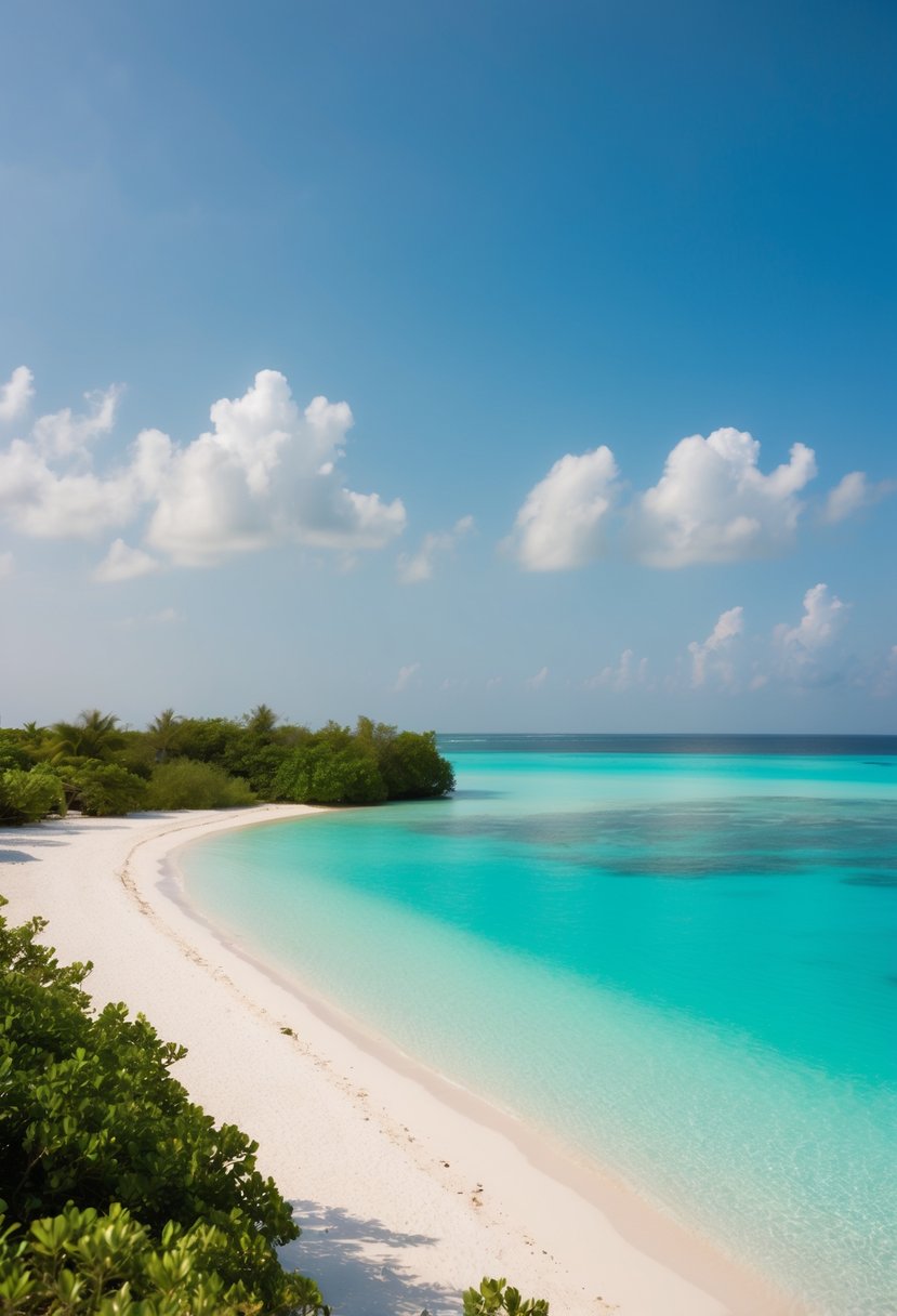 A serene beach on Rangali Island, Maldives, with crystal-clear turquoise waters, white sand, and lush greenery. A peaceful and romantic destination for Muslim honeymooners