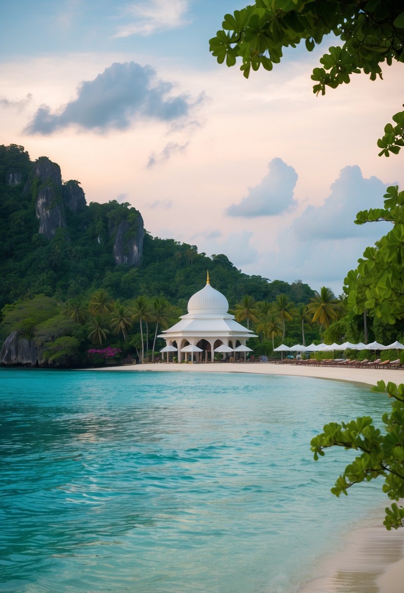 A serene beach at Langkawi with a mosque in the background, surrounded by lush greenery and crystal-clear waters