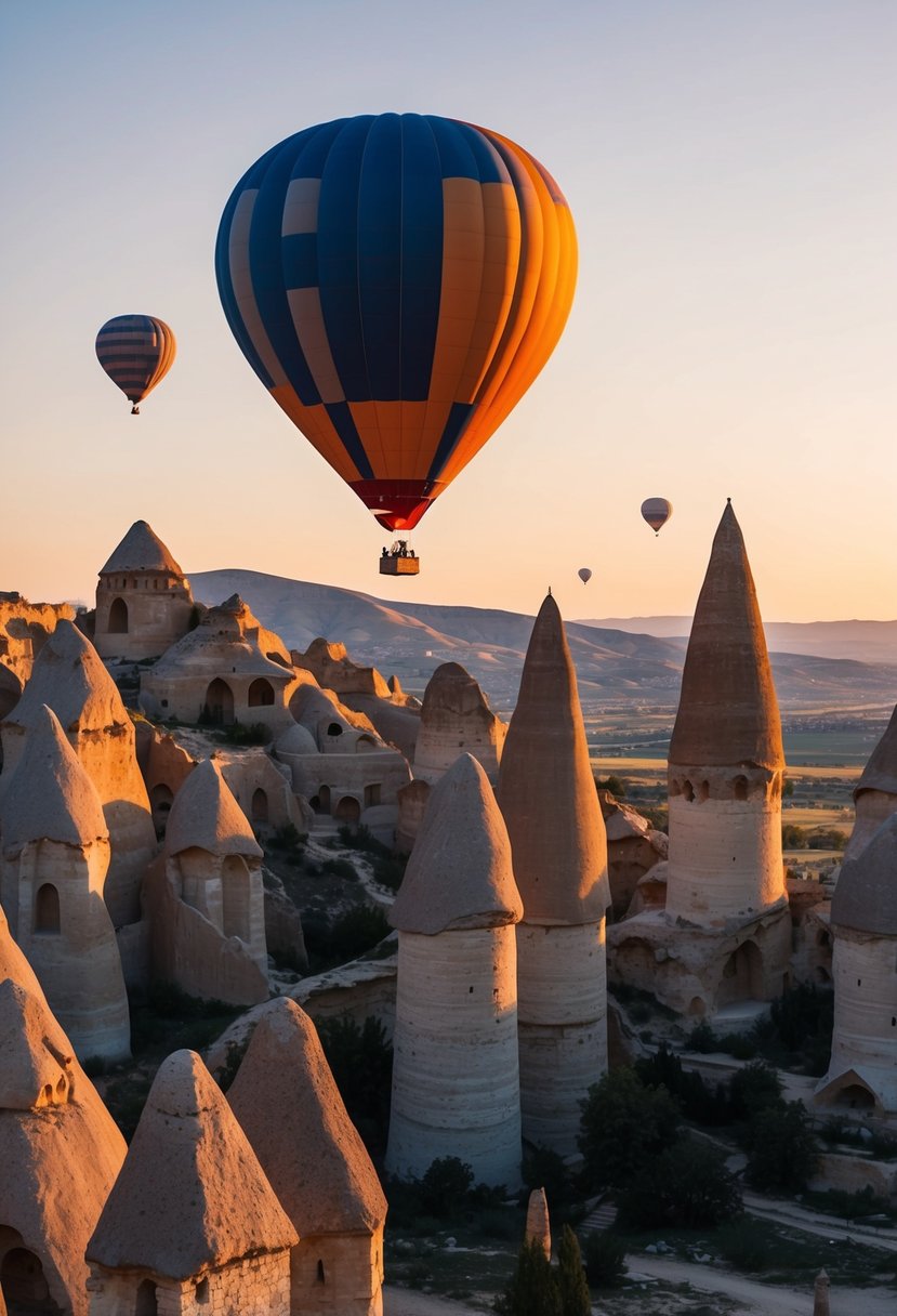A hot air balloon floating over the unique rock formations and fairy chimneys of Cappadocia, Turkey at sunrise