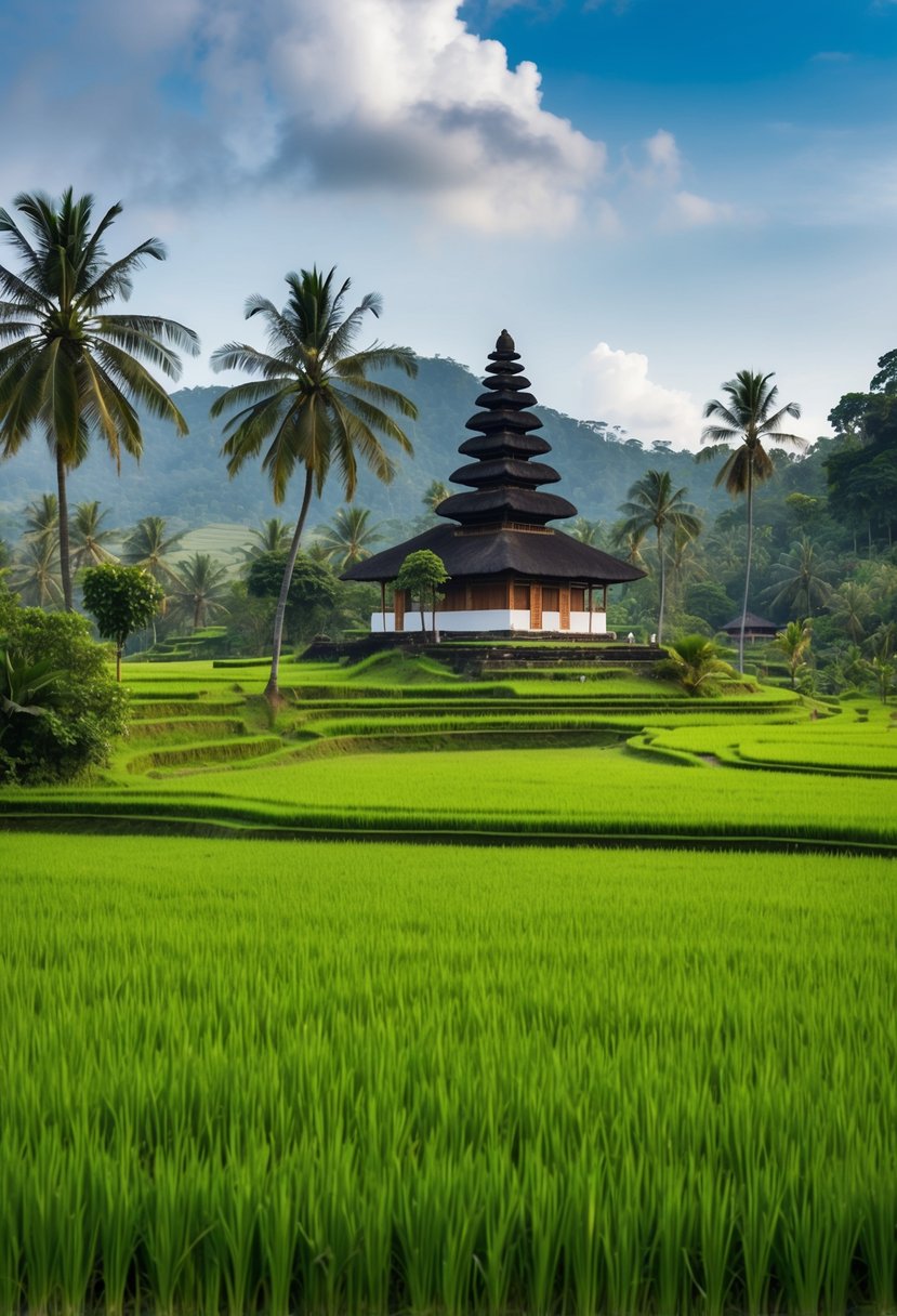 A tranquil, tropical landscape with lush green rice fields, palm trees, and a traditional Balinese mosque nestled in the serene hills of Ubud