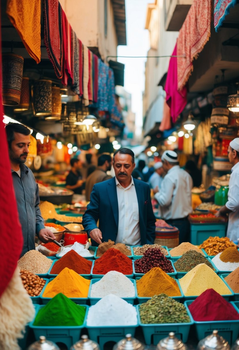 A bustling Marrakesh market with colorful textiles and spices