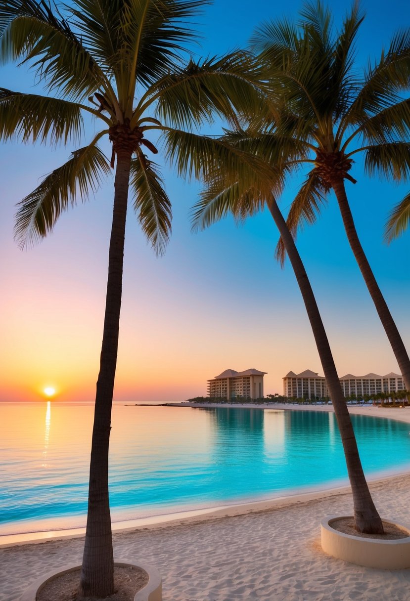 A serene beach at sunset, with palm trees and a luxurious resort in the background, overlooking the crystal-clear waters of the Arabian Gulf