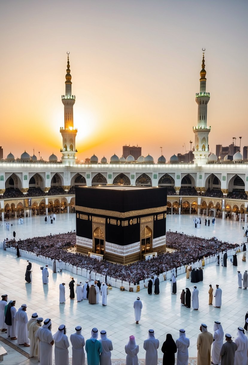 A serene view of the Kaaba in Makkah, surrounded by pilgrims and illuminated by the warm glow of the setting sun