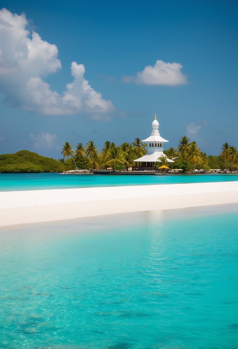 A serene beach at the Gili Islands, with clear turquoise waters, white sandy shores, and a traditional mosque nestled among palm trees