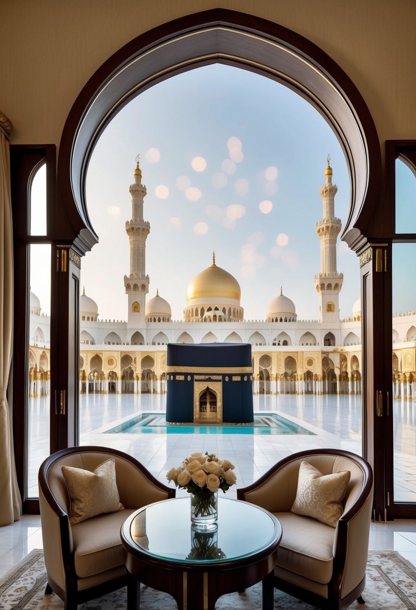 A luxurious suite with a view of the Kaaba in Makkah, featuring elegant furnishings and a romantic ambiance