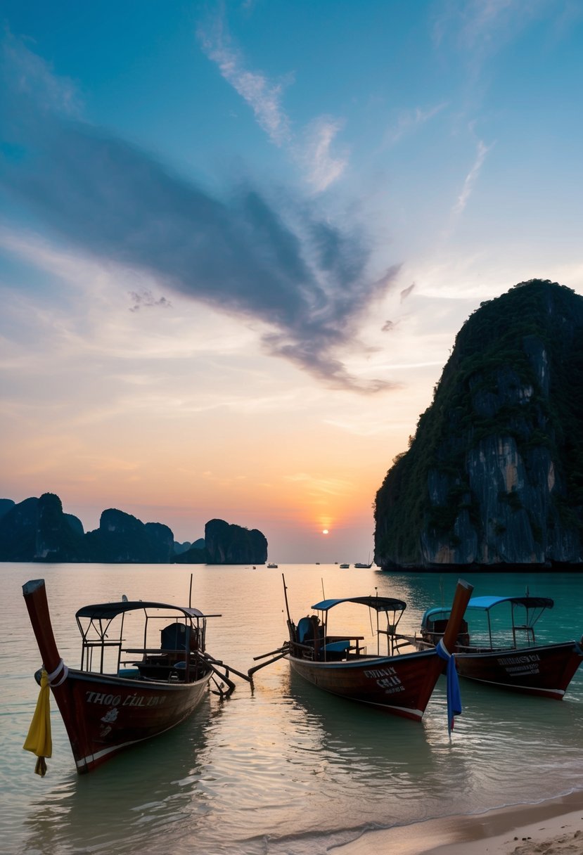 A tranquil beach at sunset, with traditional Thai longtail boats anchored near limestone cliffs in Krabi, Thailand