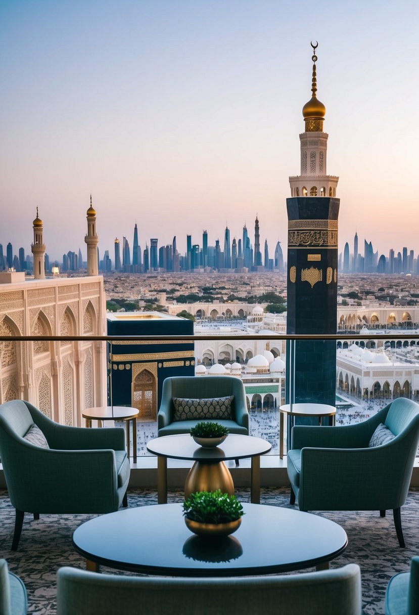 The Panoramic Lounge at Fairmont Makkah offers a breathtaking view of the city, with the iconic Kaaba and the sprawling skyline in the distance