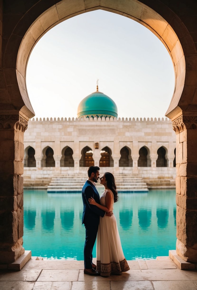 A couple stands by the historic Zamzam Well in Makkah, surrounded by ancient stone walls and a serene atmosphere, making it a perfect honeymoon destination
