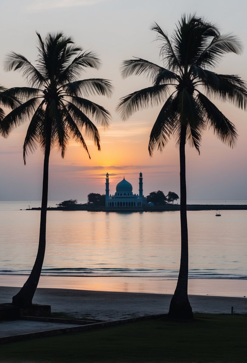A serene beach at sunset, with palm trees and a mosque in the background, overlooking the calm waters of Bentota, Sri Lanka
