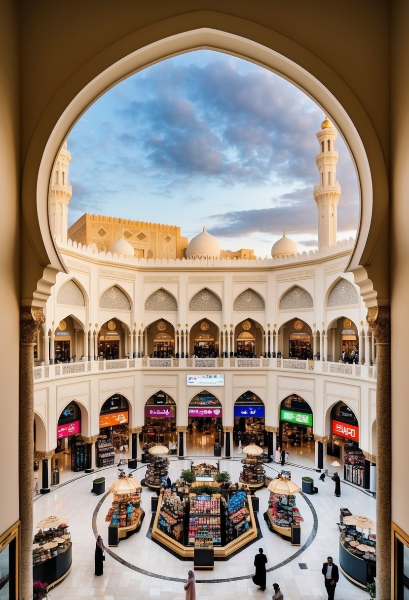 A bustling shopping mall at Abraj Al Bait, with elegant architecture and vibrant shops, set against the backdrop of the holy city of Makkah