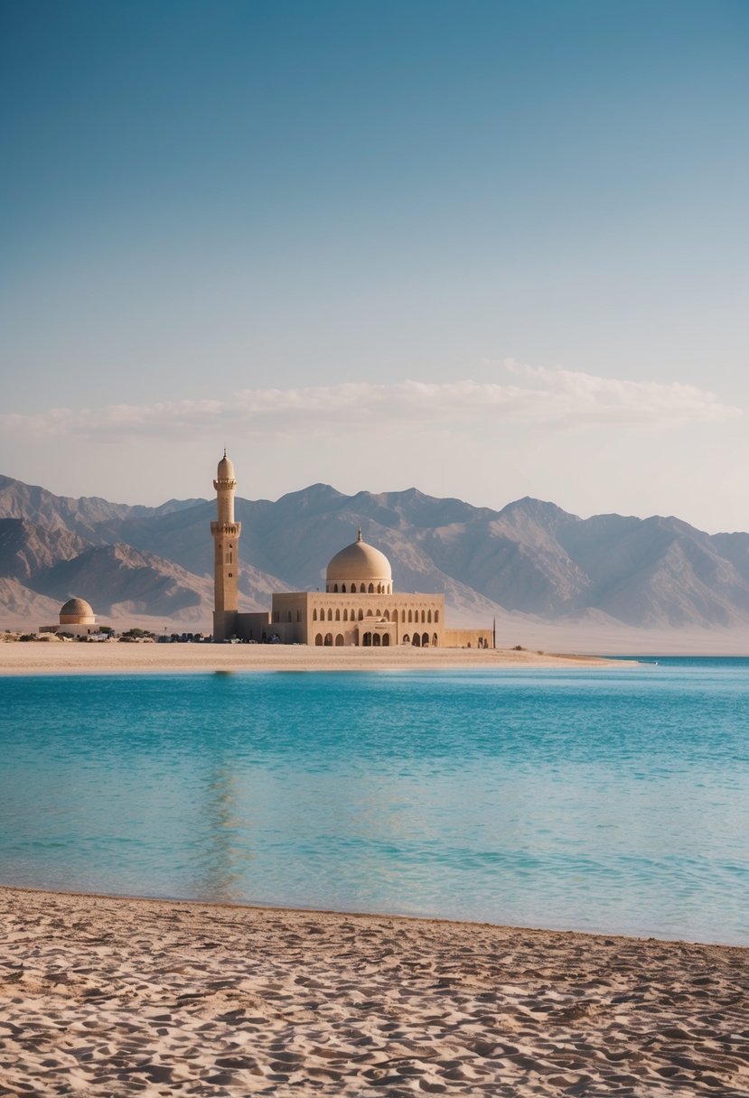 A tranquil beach at the Dead Sea with a mosque in the background, surrounded by desert mountains