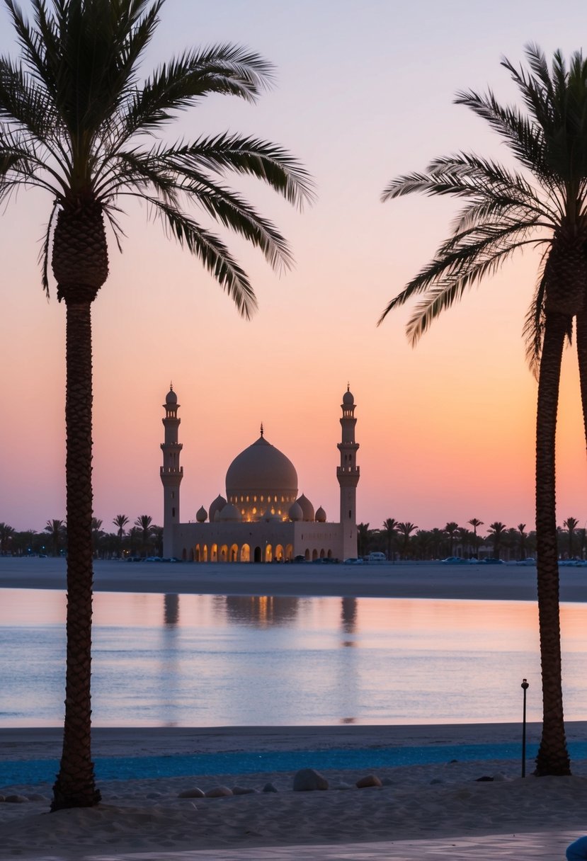 A serene beach at sunset, with palm trees and a tranquil sea, overlooking a grand mosque in Muscat, Oman
