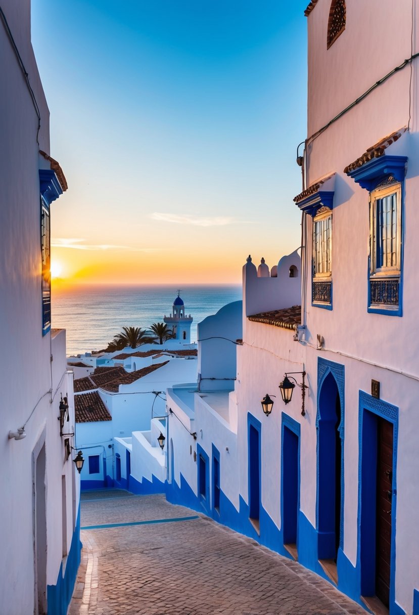 A serene coastal town in Morocco, with whitewashed buildings, narrow alleyways, and vibrant blue accents. The sun sets over the Atlantic Ocean, casting a warm glow on the picturesque scene