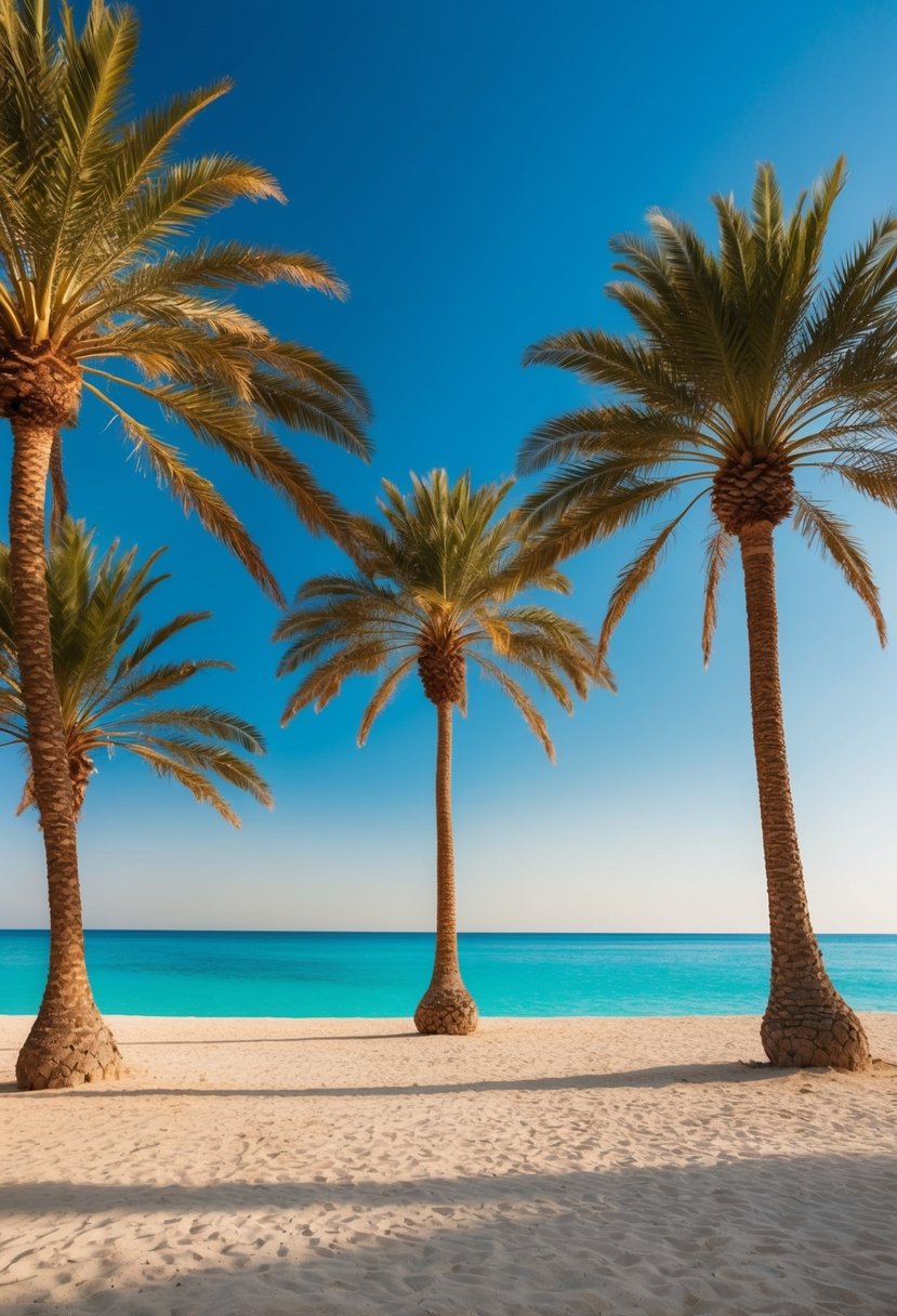 A serene beach with turquoise waters, palm trees, and a clear blue sky in Sharm El Sheikh, Egypt
