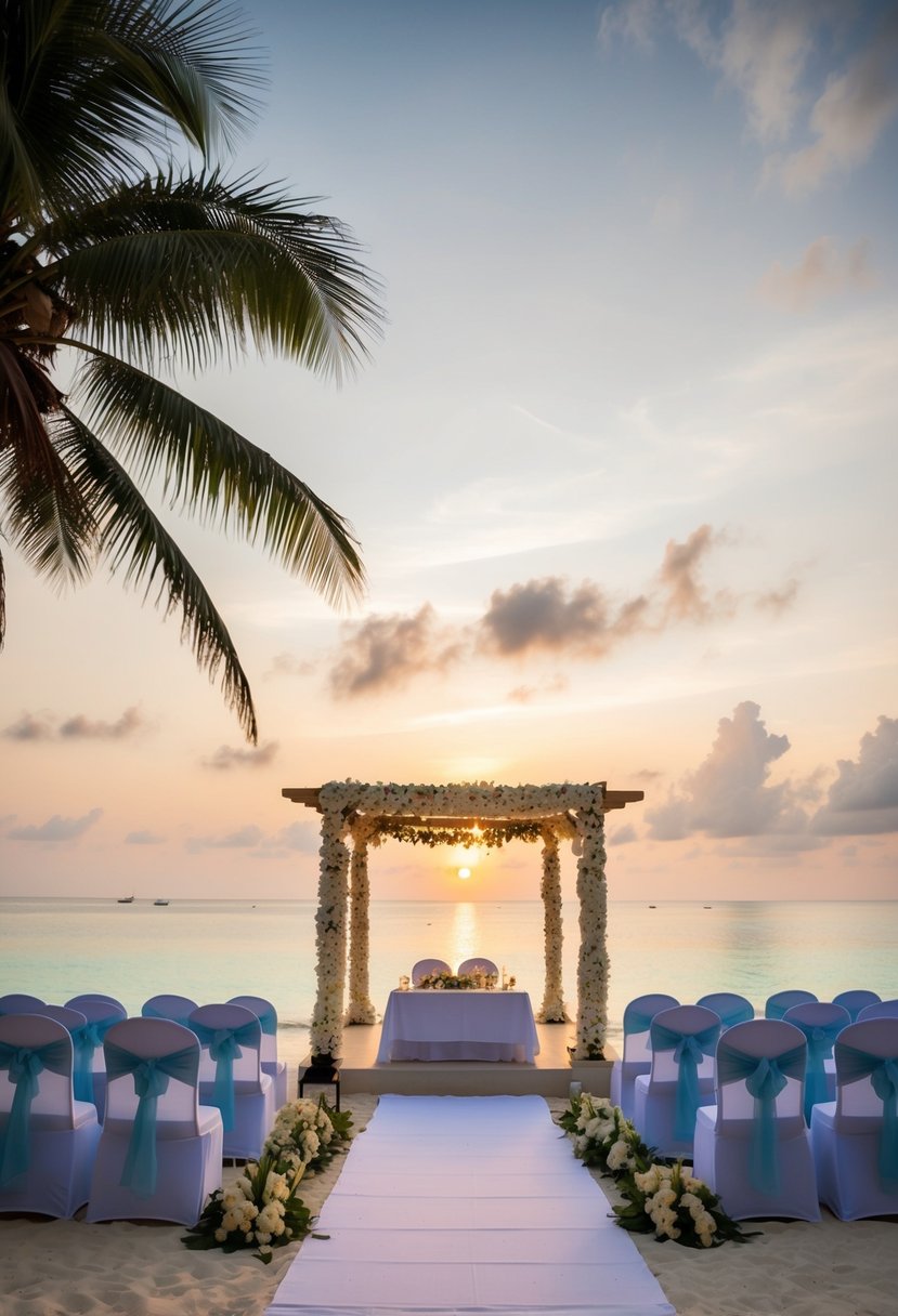 A serene beach at Maafushi, Maldives, with a picturesque sunset and a traditional Muslim wedding setup