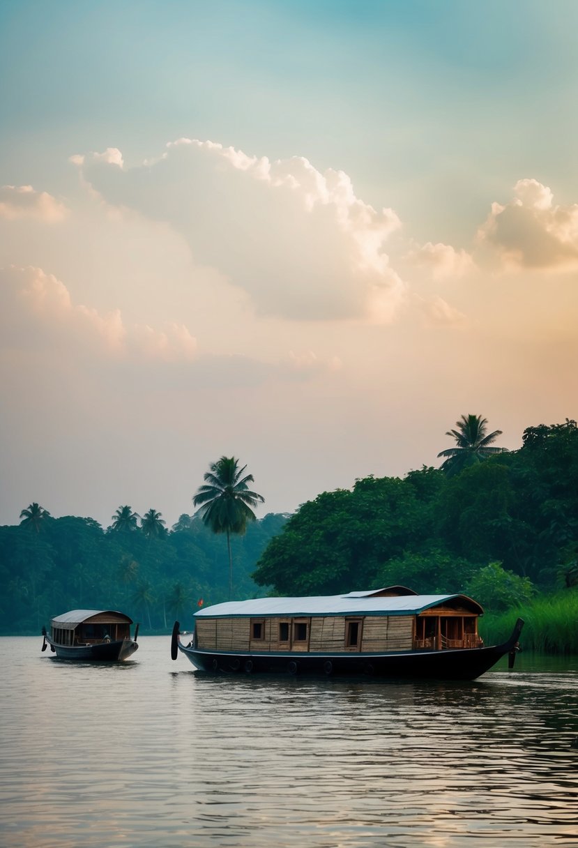 A tranquil scene of Kerala Backwaters with traditional Muslim houseboats and lush greenery