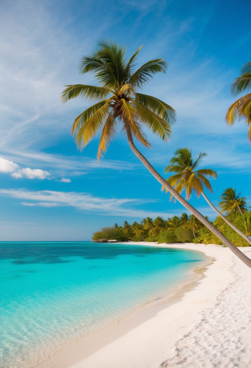 A serene beach at Hulhumale, Maldives, with crystal-clear turquoise waters, white sandy shores, and palm trees swaying in the gentle breeze